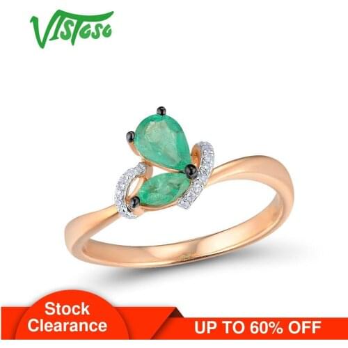 VISTOSO Gold Rings For Women Genuine 14K 585 Rose Gold Ring Magic Emerald Sparkling Diamond Engagement Anniversary Fine Jewelry