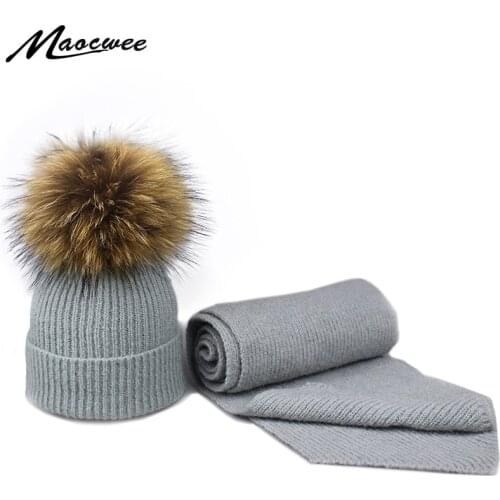 Winter Beanie Hat Scarf Set with Real Nature Raccoon Fur Pompon For Women And Children Winter Warm Knitted Hat Scarf Set Beanies