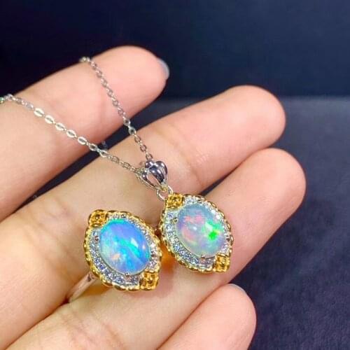 100% Natural and Real Opal Set 925 Sterling Silve New Fashion 1pc Opal Ring,1pc Opal Pendant Birthday Jewelry