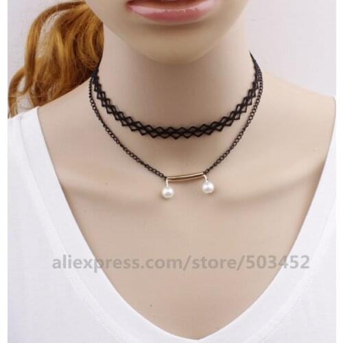 360pcs/lot Lace Long With Chocker Necklace Women Retro Choker Necklace Double Layer Black Sweet Pearl Pendant Chain Necklaces