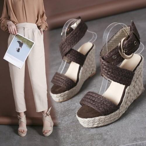 Beige Heeled Sandals Buckle Comfort Shoes for Women Espadrilles Platform Open Toe 2021 Summer Large Size Black Block High Peep H