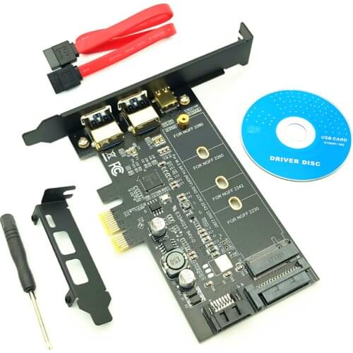 USB 3.0 PCI Express Riser Card Dual Port USB3.0 + 1 Port USB 3.1 Type-C + M.2 NGFF Adapter M2 SATA SSD B Key to PCI-E Controller