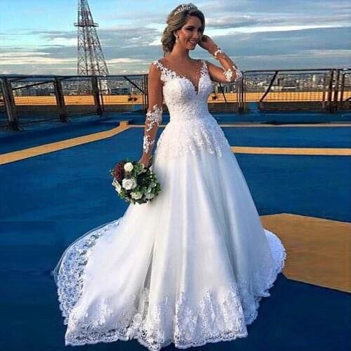 Fantastic Tulle Jewel Neckline A-line Wedding Dress Long Sleeves Applique Lace Bridal Dress with Crystals