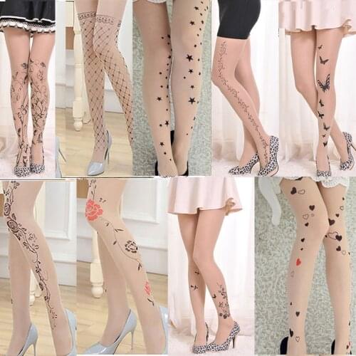 Hot Sale Sexy Silk Stockings 15D Women Tights Camouflage Tattoo Pantyhose Pattern Transparent Long Female Tattoo Hosiery Print