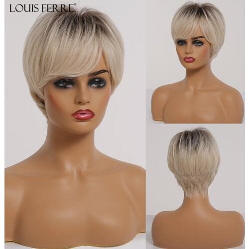 LOUIS FERRE Short Ombre Black Ash Light Blonde White Synthetic Wigs With Bangs For Black Woman Afro Cosplay Wig High-Temperature