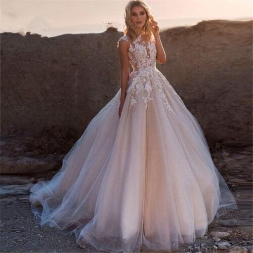 Sheer Lace Appliques A-Line Wedding Dresses Bridal Gowns 2020 Vintage Formal Soft Tulle Vestidos De Mariee