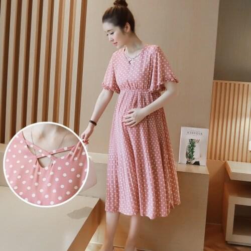 Afei Tony Pregnant Women Midi Pleated Chiffon Dress Pink Polka Dots Summer Pregnancy Clothes Loose Plus Size Maternity Dresses