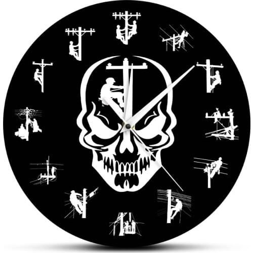 Linemen Climbing Pole Restoring Power Silhouette Wall Clock Power Lineman Smile Skull Head Decor Clock Retired Journeyman Gift