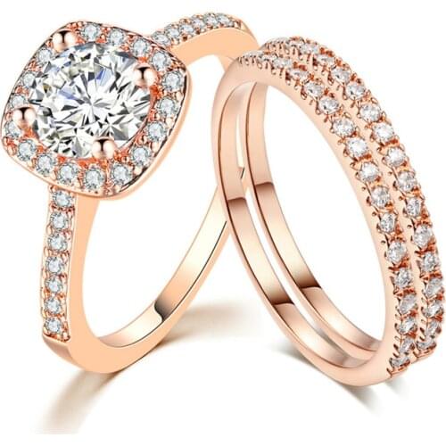 FXM 2021 Fashion High Quality CZ Crystal Rings Set for Women Rose Gold Color Engagement Wedding Band Rings for Women Jewelry