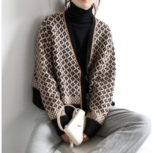 DASSWEI Fashion Vintage Knitted Cardigans Sweater Women Tops 2021 Autumn Winter Long Sleeve V-Neck Famale Argyle Loose Sweaters