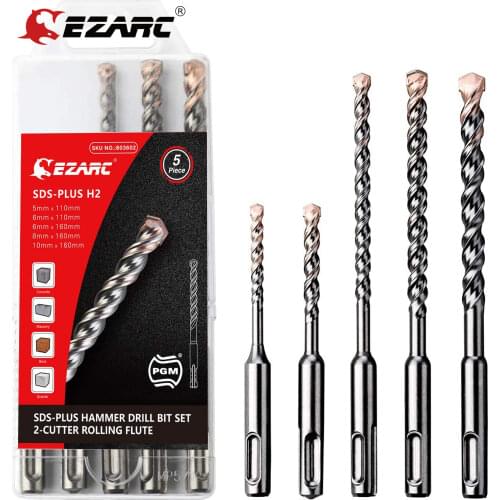 EZARC PGM Concrete Drill Bit Set 5PC SDS-Plus 2/4-Cutter Carbide Tips for Reinforced Concrete, Masonry, Marble, Brick and Tile