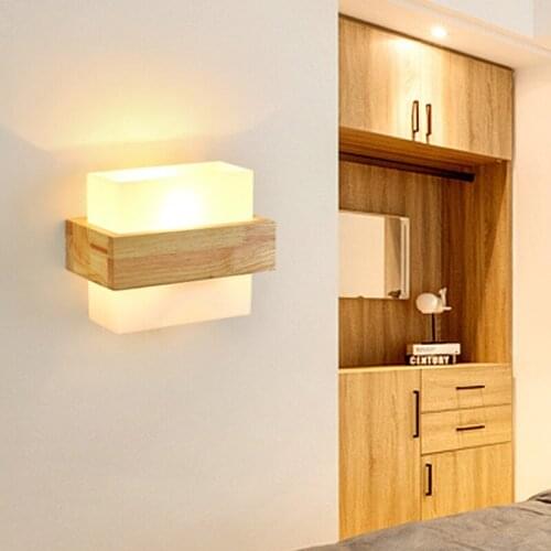 Log modern bedroom living room bedside lamp simple warm solid wood square corridor creative new Chinese Japanese wall lamp