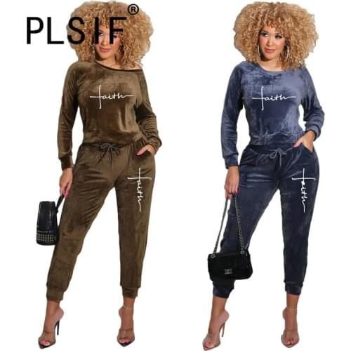 Autumn New Letter Print Velvet Long Pant Set O Neck Full Sleeve Party Club 2 Two Pieces Tracksuits