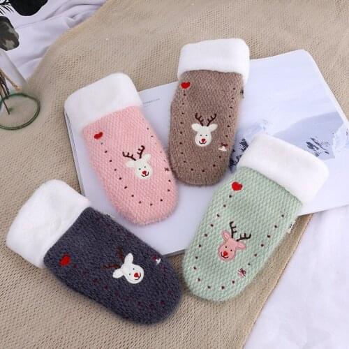2020 Lovely Ladies Cartoon Deer Knitted Double Thicker Plus Cashmere Mittens Women Winter Warm Full Finger Soft Cute Gloves
