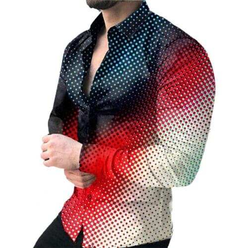 Polo shirts Men Dots Gradient Turn-down Collar Men shirts Single-breasted Digital Printing long sleeve shirts for men tops