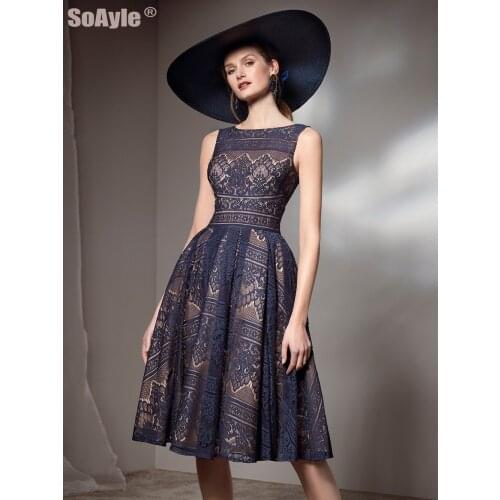 Dark Blue Lace Fomal Gown Sleeveless Boat Neck Sexy Backless Evening Dress for Wedding Guest Women Vestido De Festa SoAyle