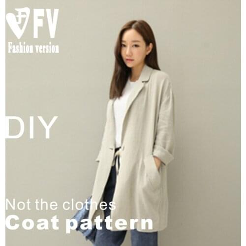 Garment pattern womens casual cotton blended fabric suit collar long coat pattern 1:1 sewing pattern BWT-36