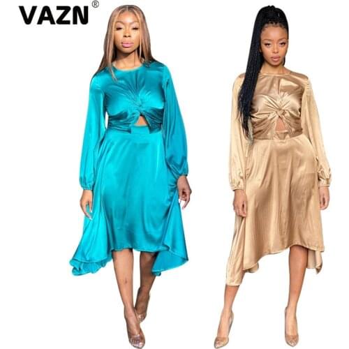 VAZN 2020 Top Quality Sexy Club Asymmetrical Chiffon Dress Solid Hollow out Top Sweet Full Sleeve Women High Waist Midi Dress