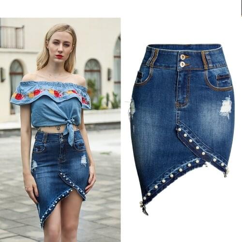 Women jeans skirts casual Irregular Beads Pearl Denim Skirt hips Lifting Skirt S-XXXL