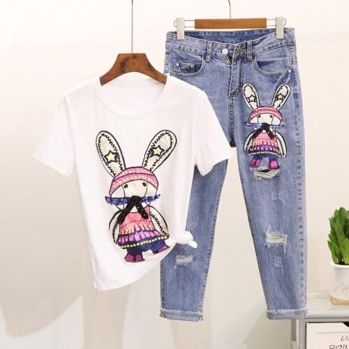 Amolapha Women Cartoon T Shirts Jeans 2PCS Suits Casual Short Sleeve Tshirt+Calf-Length Denim Jean Sets for Woman