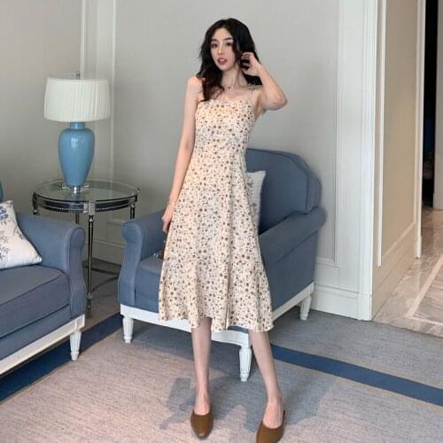 Womens Sling Floral Long Dress Fishtail Slim Party Dress Korean Fashion Woman Dresses
