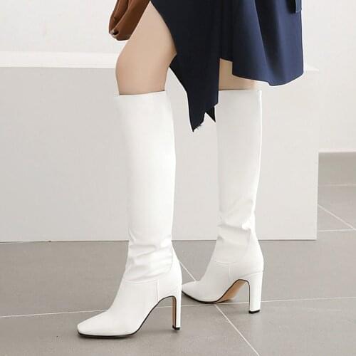 2021 New Winter Women Boots PU Leather Square High Heel Knee High Boots Fashion Slip On Square Toe Autumn Long Boots Size 34-45