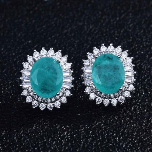 New Trendy Natural Paraiba Tourmaline Gemstone Earrings for Women Luxury 925 Silver Ear Stud Earring Wedding Engagement Jewelry