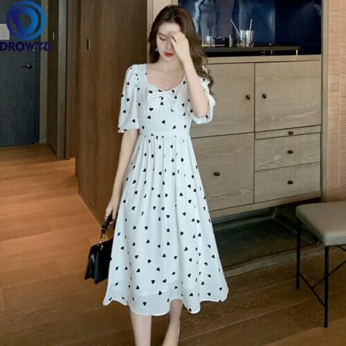 Retro Printed Heart Square Neck High Waist Chiffon Fashion Dress Women Vintage French Long Dresses 2021 Summer Vestido De Mujer