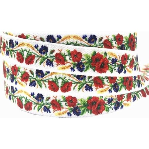 10Yards/lot Rose flowers Print Fold Over Elastic 5/8" FOE Ribbon Webbing for DIY Headwear Hair Tie Hair Accessories