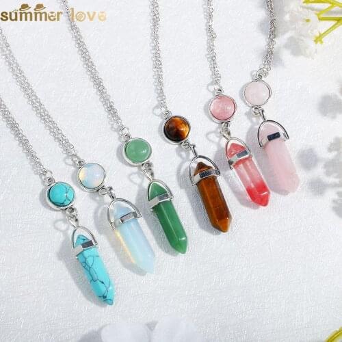 2020 Lady Girl Couple Fashion Natural Hexagonal Stone Pillar Multicolor Pendant Natural Stone Bullet Necklace DIY Original Item