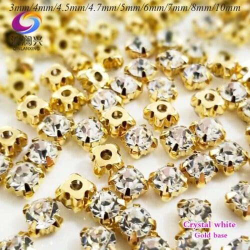 Free shipping Super flash clear white top Crystal glass sew on stones,gold bottom loose rhinestone diy/jewelry accessories