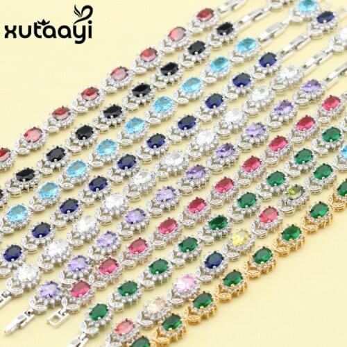 New Flower Multi Color Stones Cubic Zirconia Sterling Silver color Jewelry Overlay Adjustable Link Chain Bracelet length 18+3 cm