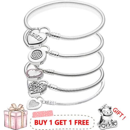 100% 925 Sterling Silver Spring Button Type Heart-shaped Lock Buckle Pan Bracelet The Most Popular Diy Jewelry