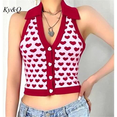 Brand Sexy Deep V-Neck Heart Pattern Halter Vest Tops Women Sweet Sleeveless Navel Exposed Short Tank Top Knitted T-Shirt