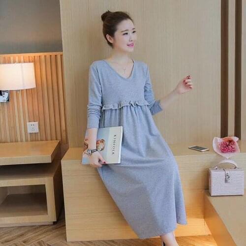 2021 Spring and Autumn Maternity Long Skirt Nursing Skirt V-neck Ruffle Stitching Korean Long Sleeve Maternity Dress