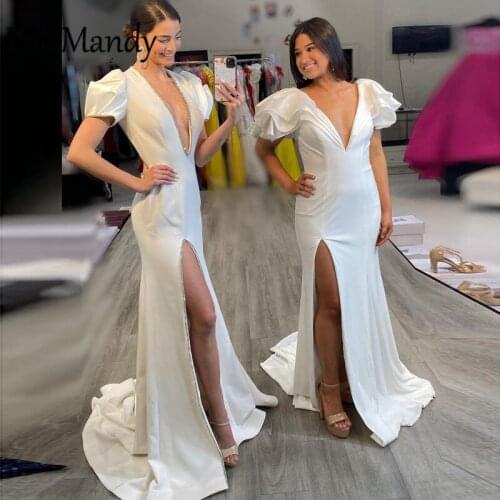 Elegant Deep V-neck Mermaid Wedding Dresses For Women 2021Sexy High Split African Bridal Gowns With Short Sleeves Robe de mariee