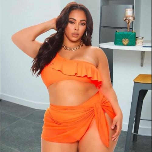 European and American Fashion Plus Size Swimwear 2021 Summer Sexy Solid Color Three-Piece Swimsuit Suit Women