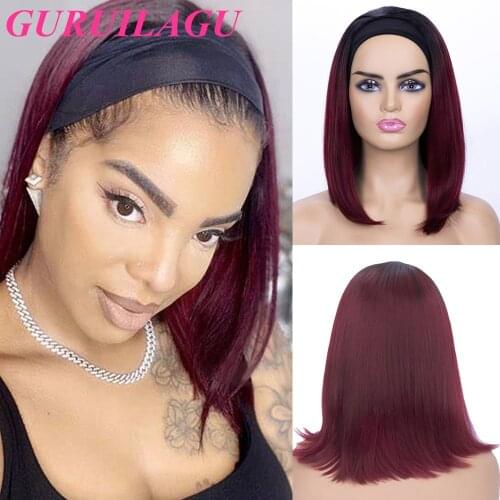 GURUILAGU Short Bob Wig Ombre Color T1b/99j Headband Wig Straight Synthetic Hair Wigs For Women Black Wig