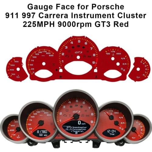 Dashboard Gauge Face Dail for Porsche 911 997 Carrera Instrument Cluster Overlay 225MPH 9000rpm GT3 Red