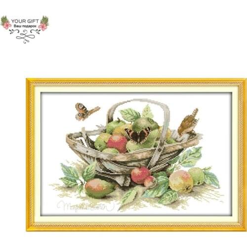 Joy Sunday Fruit Basket Home Decoration J285(4) 14CT 11CT Stamped Counted Apple Pear Butterfly Bird Embroidery DIY Cross Stitch