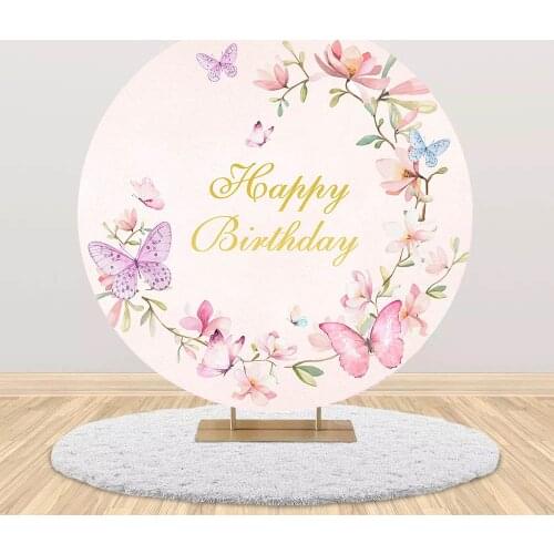 Mocsicka Round Circle Birthday Party Backdrop for Photography Flower Butterfly Women Happy Birthday Photo Background Table Cover