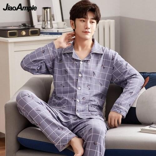 Mens Pajamas Spring Autumn Cotton Long-sleeved Trousers Pijamas Two-piece 2021 New Cardigan Lapel Plus Size Loose Sleepwear Set