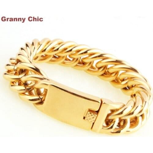 Mens Jewelry Fashion Gold Color Shinny Bling Stainless Steel Heavy Wide Curb Chain Bracelet 19mm Cool