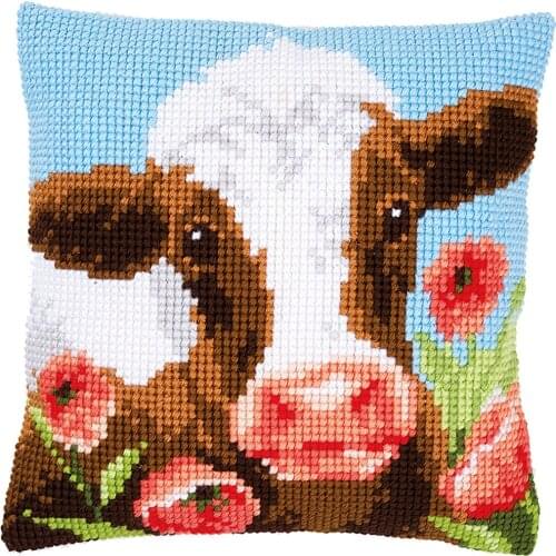 DIY Cross Stitch Cushion Cow In Poppy Meadow Needlepoint Kits Printed Canvas Chunky Yarn Cross-stitch Pillow Case Arts & Crafts