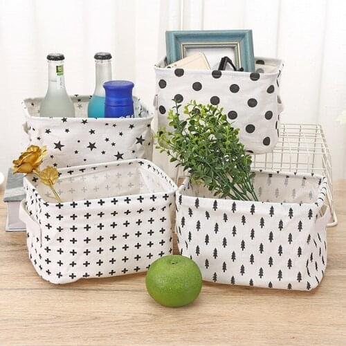 Cotton Linen Desktop Storage Basket Sundries Storage Box with Handle Linen Desk Container Makeup Organizer Case