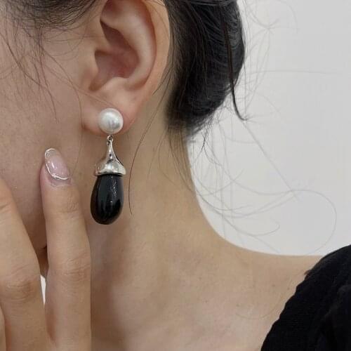 2021 New Vintage Black Onyx Pearl Pendant Waterdrop Drop Earrings Silver Color Metal For Women Girls Party Aesthetic Jewelry