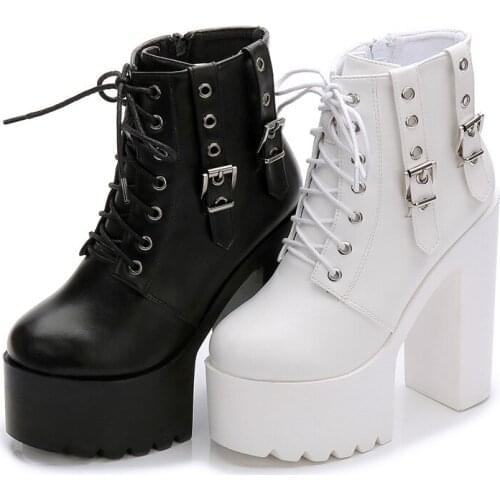 New 14CM White Super High-heeled Booties Womens Shoes Catwalk Models Chunky Martin Boots Black