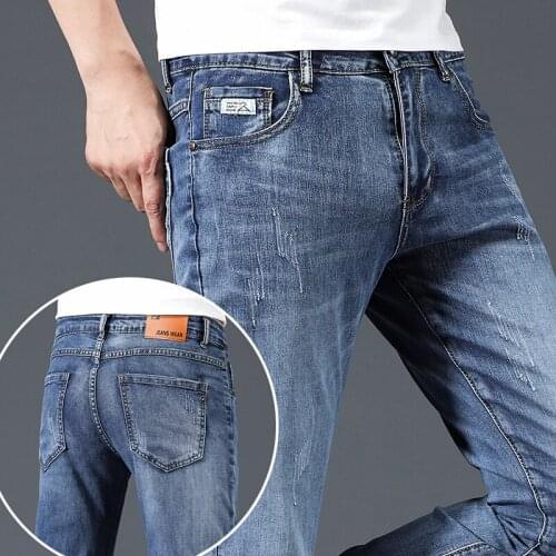 New Men Casual Jeans Fashion Blue Classic Version Simple Frayed Slim Skinny Male Elasticity Denim Pants High Quality