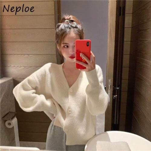 Neploe 2021 Korean Style Autumn Knitting Cardigans V Neck Long Sleeve Solid Color Single-breasted Sweater Trendy Fashion Coats