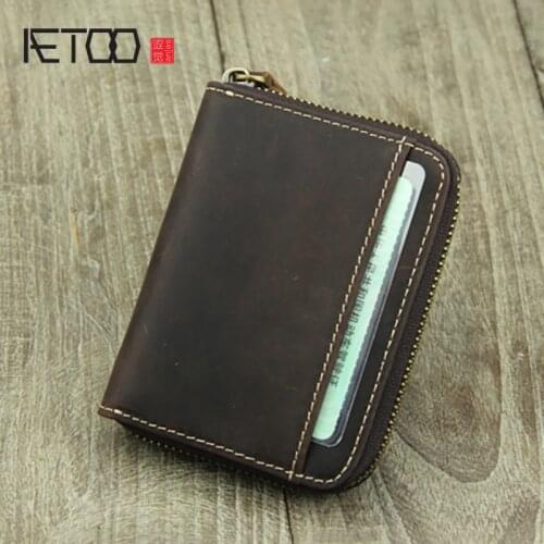AETOO Crazy horse leather zippered cowhide bag, multi-functional retro zero wallet, large-capacity multi-card card bag